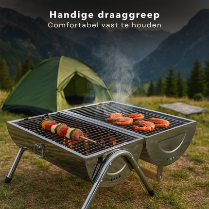 Cheqo® Draagbare Houtskoolbarbecue – Compacte Cilinder BBQ – RVS Tafelbarbecue – Opvouwbare Mini Barbecue voor Camping, Tuin, Balkon & Picknick – Dubbel Grilloppervlak – Lichtgewicht Chroom BBQ met Sluitclip – Voor Buiten & Reizen