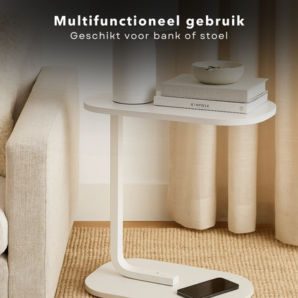 Cheqo® Bijzettafel Wit - Banktafel Metaal - Bijzet Tafel - Mdf Blad - C-Vormig Ontwerp - Compact Formaat - Wit Onderstel - Metaal Frame - Lichte Bijzettafel - Sidetable - Tafeltje - Bedtafel - Modern Design - Geschikt Voor Woonkamer