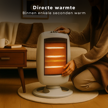 Cheqo® Halogeen Kachel - Elektrische Kachel - Draagbare Halogeen Heater - 3 Warmtestanden - 1200W Vermogen - Compacte Kachel - Bijverwarming - Oscillatiefunctie - Omvalbeveiliging - Oververhittingsbeveiliging - Instant Warmte - Draaghendel