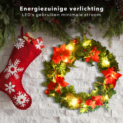 Cheqo® Kerstkrans met Kerstlampjes - LED Verlichting - Deurkrans - Kerstdecoratie - Kerst Krans - 60 cm - LED Verlichting - PVC Groen - Binnen/Buiten Gebruik