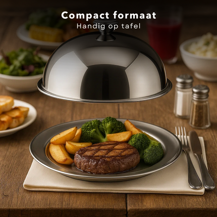 Cheqo® RVS Stolp - Serveerschaal Met Deksel - 30 cm Diameter - Voedsel Presenteren - Taartstolp - Kaas En Gebak - Snacks Serveren - Glanzend Roestvrij Staal - Stolp Met Onderbord - Ronde Serveerschaal