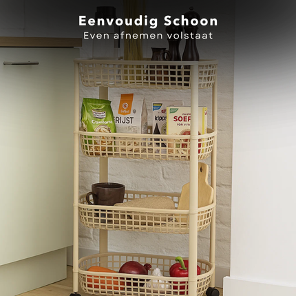 Cheqo® Keukentrolley Op Wielen - Verrijdbare Keukentrolley - 4 Lagen Trolley - Kunststof Trolley - Beige Keukentrolley - Opbergtrolley Met Manden - Keuken Opbergoplossing - Compacte Keukentrolley - Keuken Organizer - Badkamer Organizer