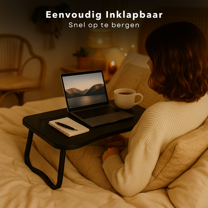 Cheqo® Opklapbare Laptoptafel - Ontbijt op Bed Tafel - Bedtafel met Tablethouder - Bank Tafeltje - Ontbijttafeltje - Banktafel - Zwart
