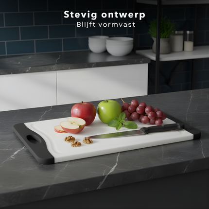 Cheqo® Grote Snijplank Zwart/Wit - XXL Snijplank - Antislip Randen - Met Handgreep - Snij Plank - Hygiënisch Ontwerp - Geschikt Voor Dagelijks Gebruik - Stevige Snijplank