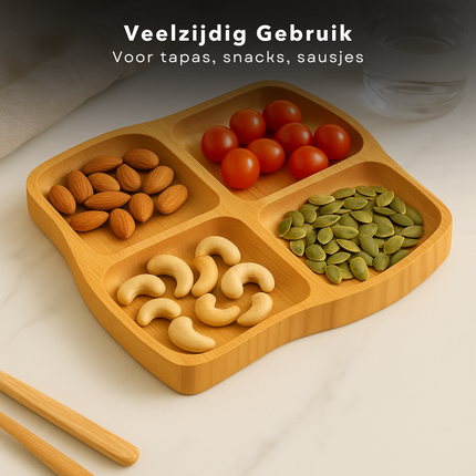 Cheqo® Bamboe Tapas Plank - Borrelplank - Serveerplateau - Tapasplank - Kaasplank - Vier Vakken - Ideaal voor Feestjes - Duurzaam Bamboe