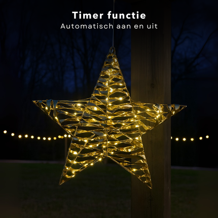 Cheqo® Verlichte Kerstster - Gouden Kerstster - 60 Led Lampjes - Warm Wit Licht - Microled Verlichting - Kerstdecoratie Binnen - Metalen Kerstster - Kunststof Kerstster - Timer Functie - Batterij Aangedreven - Gouden Kerstster - Kerst Ster