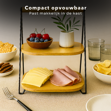 Cheqo® Bamboe Etagere - 2-Laags Etagere - Inklapbare Etagere - Serveertoren Bamboe - Bamboe En Metaal - 30 cm Hoogte - Eenvoudig Inklapbaar - Niet Vaatwasserbestendig - Bamboe Serveerplateau - 2 Lagen - Bamboe Hout - Stijlvolle Etagere