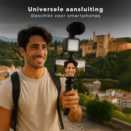 Cheqo® Telefoon Statief Met Lamp - LED Telefoon Statief - Content Creators Statief - Vloggers Telefoon Standaard - Livestream Statief - LED Lamp Met 49 LED’s - Verstelbare Lichthelderheid - Externe Microfoon Statief - Smartphone Tripod