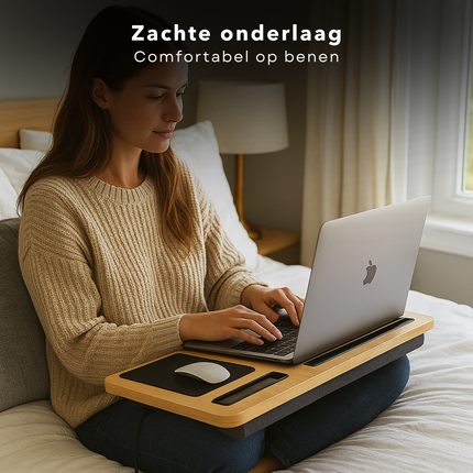 Cheqo® Laptopkussen - Schootkussen - Schoot Dienblad - Kniekussen - Laptoptafel - Laptray - Houten Schoottafel met Polssteun - Bedtafel - Schootdienblad - Inclusief Muispad