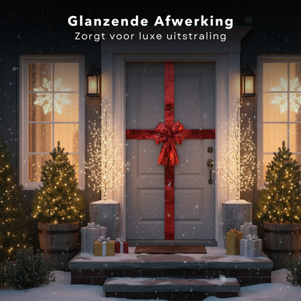 Cheqo® Rode Deurstrik - Kerstdecoratie -Glanzende Strik - Klittenband Bevestiging - Rode Kerststrik - Feestelijke Decoratie - Deurversiering - Grote Strik - Rode Glans - Decoratieve Strik - Deurkrans Alternatief - Deurstrik - Kerst Strik