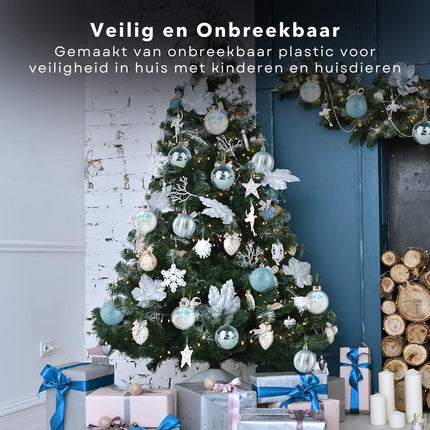 Cheqo® Luxe Kerstballen Set - Kerstballenset - Kerstdecoratie - Kerstboom Versieren - Kerstversiering - Onbreekbaar - Met Ophangoogje - Kerstversiering Kerstboom - Mat - Glans - Glitter - Blauw - Zilver - Verschillende Texturen Kerstballen