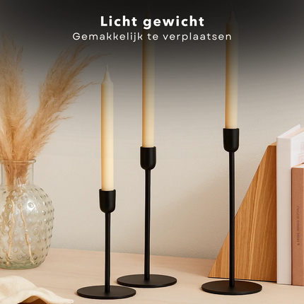 Cheqo® Metalen Kaarsenhouder Set van 3 – Zwarte Kaarsenhouders in Industriële Stijl – Woondecoratie voor Salontafel, Eetkamertafel of Bijzettafeltje – Tijdloos Design – Geschikt voor Dinerkaarsen – Kandelaar Modern