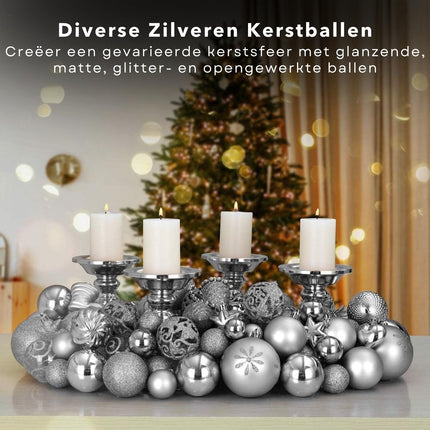Cheqo® Kerstballen Set - Kerstballenset - Kerstdecoratie - Kerstboom Versieren - Kerstversiering - Onbreekbaar - Met Ophangoogje - Kerstversiering Kerstboom - Mat - Glans - Glitter  - 60 Stuks - Zilver Kerstballen