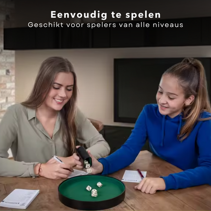 Cheqo® Yahtzee Spel Set met Dobbelstenen - Dobbelbak - Yam Spel - Inclusief Scoreblad en Accessoires - Dobbelsteenbak - Dobbelset met Scoreblok