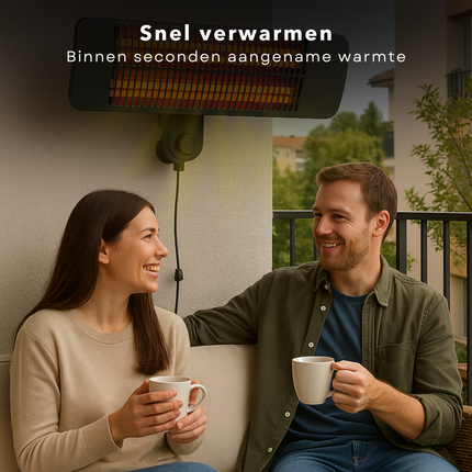 Cheqo® Terrasverwarmer Wandmodel – Infrarood Verwarming Buiten – Elektrische Patio Heater 2000W – Quartz Verwarmingsbuis – 3 Warmtestanden – Spatwaterdicht IP34 – Balkonverwarmer – Weersbestendig – Energie-efficiënt – Wandmontage