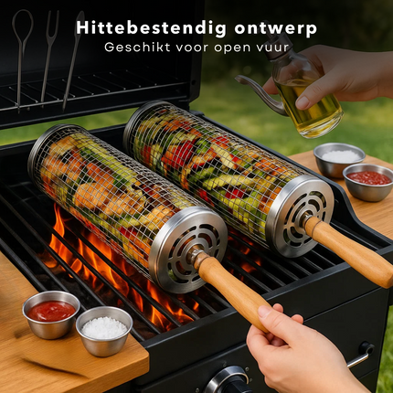 Cheqo® BBQ Grillmand Set - Rollend Grillrooster - Roestvrij Staal - Barbecue Accessoires - Houten Handvat - Vlees, Vis en Groenten - Gelijkmatige Verhitting - 30 CM Grillmand - Set van 2 - BBQ Gereedschap - Cilinder Grillmand - Buiten Koken
