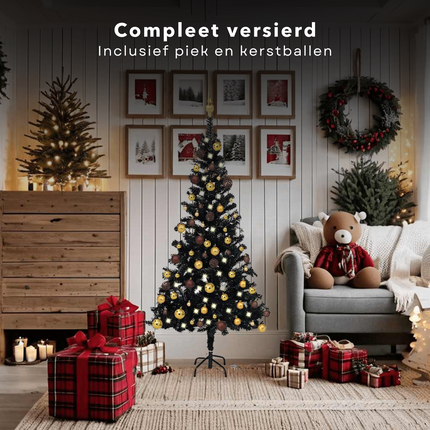 Cheqo® Zwarte Kerstboom - Kunstkerstboom 180 cm - Inclusief LED-Verlichting en Kerstballen - PVC en Staal