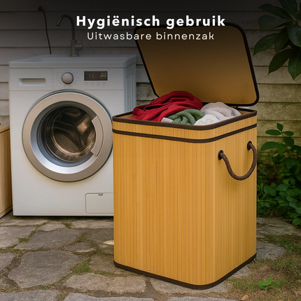 Cheqo® Bamboe Wasmand - Wasmand met Deksel - Uitneembare Wasbare Binnenzak - 72 Liter - Natuurlijk Bruin - Klapdeksel - Wasmand 1 Vak