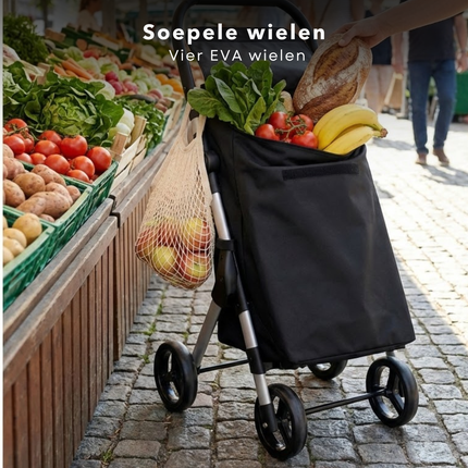 Cheqo® Boodschappentrolley - Boodschappenwagen - Boodschappenkar - Boodschappentrolley Opvouwbaar - Boodschappentrolley Met Wielen - Boodschappentrolley Zwart - Boodschappentrolley 4 Wielen