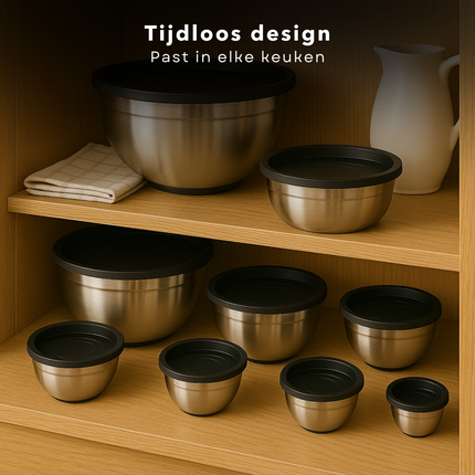 Cheqo® RVS Mengkommen Set - Beslagkommen Set - Mixkom - Kommen Stapelbaar en Met Deksel - 8-delige RVS Beslagkommen