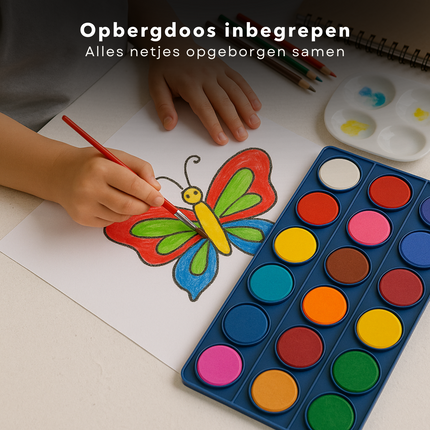 Cheqo® Waterverftablet 18 Kleuren – Verfdoos met Transparant Deksel – Inclusief Penseel – Kindvriendelijke Aquarelverf – Creatieve Hobby – Geschikt voor Kinderen Vanaf 3 Jaar – Schilderen & Tekenen – Educatief Speelgoed