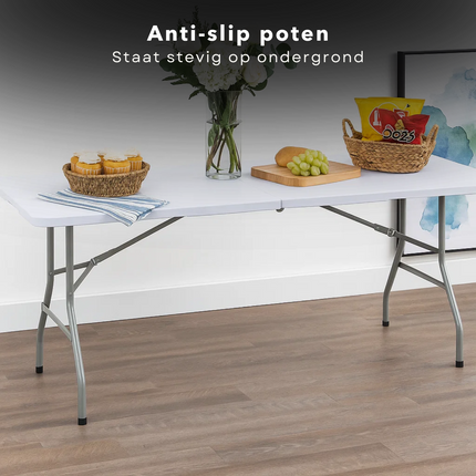Cheqo® Opvouwbare Tafel – Inklapbare Klaptafel met Draaghandvat – Stevig Stalen Onderstel – Kunststof Tafelblad – Campingtafel - Buffettafel - Partytafel – Weerbestendig & Compact Koffermodel – Voor Binnen en Buiten