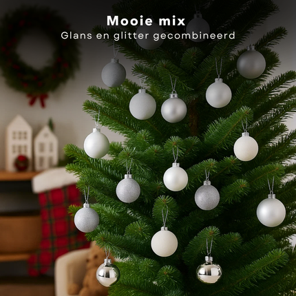 Cheqo® Kerstballen Set - Glazen Kerstballen - Kerstbal Wit - Witte Kerstballen - Kerstboom Decoratie - Glimmende Kerstballen - Glitter Kerstballen - Moderne Kerstdecoratie - Kerstballen Set 42 Stuks