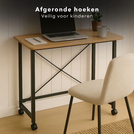 Cheqo® Inklapbare Wandtafel - Bijzettafel - Laptop Tafel - Haltafel - Bedtafel - Zwart Metaal - Met Wielen