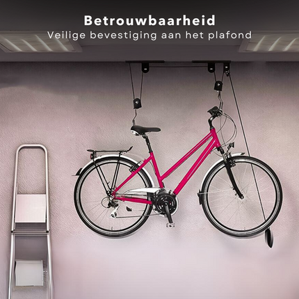 Cheqo® Fietslift Plafondmontage - Ophangsysteem - Fietstakel - Max. 45 kg - Fietsophangsysteem voor Garage - Incl. Bevestigingsmateriaal