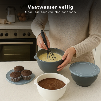 Cheqo® Mengkommen Set - Beslagkom Met Deksel - Polypropyleen Mengkom - Keuken Essential - 3-Delige Set - Vaatwasserbestendig - Magnetronbestendig - Nestbare Kommen - Compacte Opslag - Schenktuit - Siliconen Deksel - Bakken En Mixen