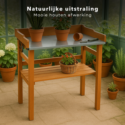 Cheqo® Oppottafel Hout - Tuinwerktafel - Plantentafel - Werktafel - Oppot Tafel met Verzinkt Werkblad - Werkbank Voor Tuin en Balkon
