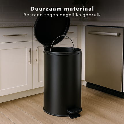 Cheqo® Pedaalemmer Keuken - Afvalemmer - Prullenbak - 12L Zwart - Ronde Afvalemmer Keuken - Stijlvol Design