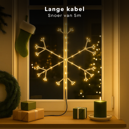 Cheqo® Verlichte Sneeuwvlok - Deurkrans - 216 Led Lampjes - Warm Wit Licht - Ø60 cm - Binnen En Buiten Gebruik - IP44 Beschermwaarde - Kerstdecoratie - Grote Sneeuwvlok - Firework Effect - 5 Meter Aansluitsnoer - Energiezuinige Verlichting