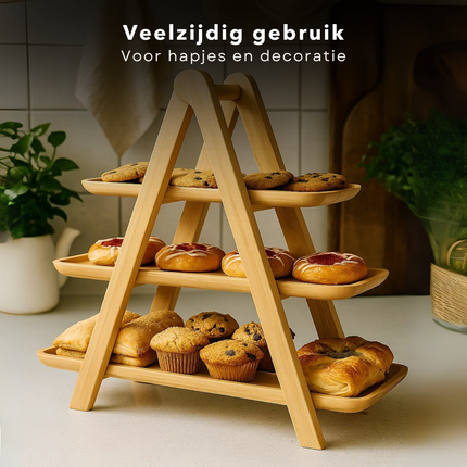 Cheqo® Etagere Bamboe - 3 Laags - Serveertoren - Bamboe Hout - Presenteerschaal - High Tea - Bamboe Serveerplateau - Bamboe Presentatie - Bamboe Serveertray - Hapjes Presenteren - Bamboe Decoratie - Bamboe Design