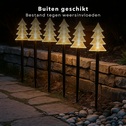Cheqo® LED Tuinsteker - Kerstboom Tuinsteker - Warm Witte LED Verlichting - Set Van 5 - Met Timer - Acryl Kerstboom - Kunststof Grondpen - Werkt Op Batterijen - Automatische Timer - IP44 Geschikt Voor Buiten - 3xAA Batterijen - Hoogte 37cm