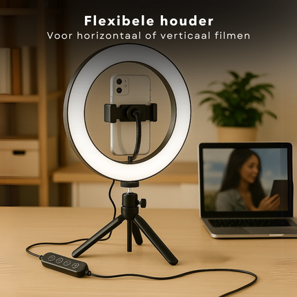Cheqo® Selfie Ringlamp - Ring Light Met Statief - Ring Lamp LED - TikTok Content Creatie Tripod - USB Voeding - Telefoonhouder