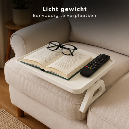 Cheqo® Armleuning Dienblad - Bamboe Materiaal - Wit Dienblad - Inklapbaar Dienblad - Antislip Functie - Banktafel Dienblad - Wit Bamboe - Dienblad Voor Bank - Dienblad Accessoire