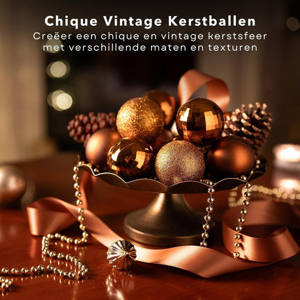 Cheqo® Luxe Bronzen Kerstballen Set - Met Piek - 101 stuks - Kunststof - Kerstboomversiering - Kerstversiering - Onbreekbaar - Verschillende Formaten & Designs - Kerstboom - Kerstballenset - Kerstdecoratie - Kerst - Christmas Kerstballen