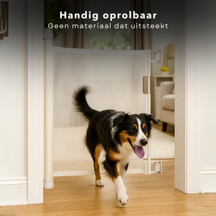 Cheqo® Uitschuifbaar Hondenhek - Flexibel Kunststof Hondenhek - Hondenhek Voor Binnen - Hondenhek Met Één Hand Bedienbaar - Traphekje Voor Honden - Uitschuifbaar Tot 160 cm - Hondenhek Zonder Hekwerk - Ruimtebesparend Hondenhek