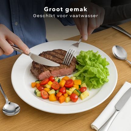 Cheqo® Luxe Bestekset - 70-Delig - Voor 12 Personen - RVS Bestek - Zilverkleurig - Vaatwasserbestendig - Hoogwaardig Edelstaal - Tijdloos Design - Serveerbestek Inbegrepen - 12 Lepels - 12 Vorken - 12 Messen - 12 Theelepels - 12 Taartvorkjes