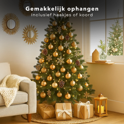 Cheqo® Kerstballen Set - Champagne Kleur - Ø7 cm - Glas Kerstballen - Kerstboom Decoratie - Matte En Glimmende - Glitter Kerstballen - Trendy En Modern - Warme Uitstraling - Verschillende Afmetingen - Kerstbal Set