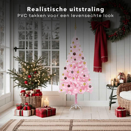 Cheqo® Roze Kerstboom - Kunstkerstboom 180 cm - Met LED-Verlichting en Kerstballen - PVC en Staal