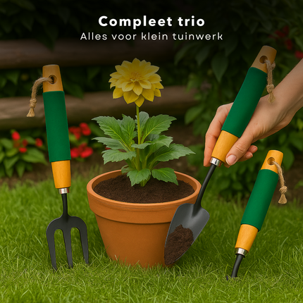 Cheqo® Tuingereedschap Set - Tuin Gereedschap Set - Tuingereedschapset - Hark - Spitvork - Plantschep - Tuin Accessoires - Voor Klein Tuinwerk - Houten Handvat - 27 cm