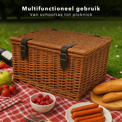 Cheqo® Fietsmand Riet 30L – Bakkersmand Bruin met Deksel & Riempjes – Voorrek Fietsmand – Nostalgisch Design – Vaste Montage – Picknickmand – Boodschappenmand – Stevige Rieten Mand voor Omafiets