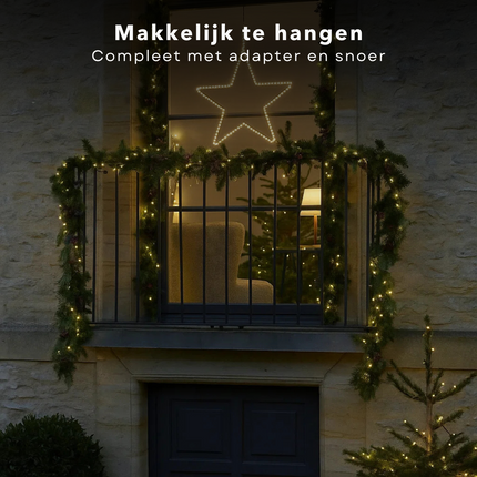Cheqo® Ster Kerstverlichting - Kerstster - Warm Witte LED - Decoratieve Hangers - Zwarte Metalen Frame - Moderne Stijl - Kerstdecoratie Buiten - LED Lampjes Met Timer - 180 LED Lampjes - Adapter Inbegrepen - Tuinverlichting
