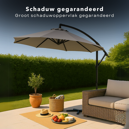 Cheqo® Zweefparasol 3M - Zweef Parasol Kantelbaar - Verstelbaar Stalen Frame - Inclusief Voet - Voor Tuin en Balkon - Grijs