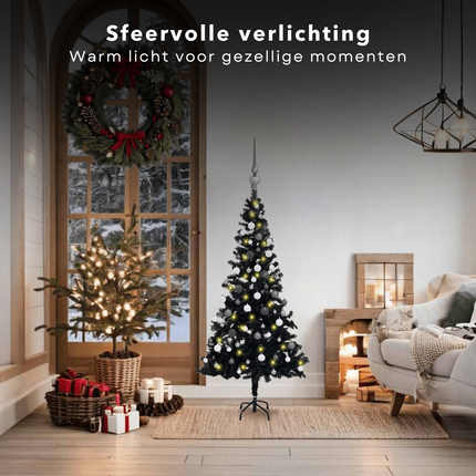 Cheqo® Zwarte Kerstboom - Kunstkerstboom 120 cm - Inclusief LED-Verlichting en Kerstballen - PVC - Energiezuinig