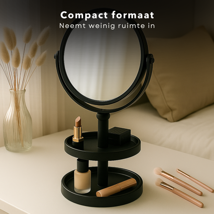 Cheqo® Make-Up Spiegel met Oganizer - Scheer Spiegel - Vergroot Spiegel - Makeup Spiegel met Houder - Zwart - Dubbelzijdig - Metaal