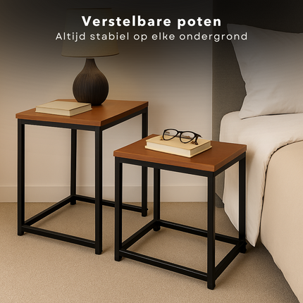 Cheqo® Industriële Bijzettafels Set - Bijzettafel Set - Bijzet Tafel - Salontafel Industrieel - Verstelbaar & In Elkaar Schuifbaar - MDF & Metaal