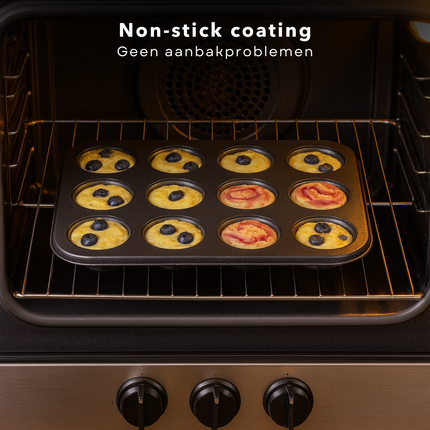 Cheqo® Muffinvorm met Non-Stick Coating - Bakvorm Cupcakes - Cupcakevorm - Ovenbestendig Tot 220 Graden - Voor 12 Muffins - Cupcake Bakvorm - Cupcakes Bakken